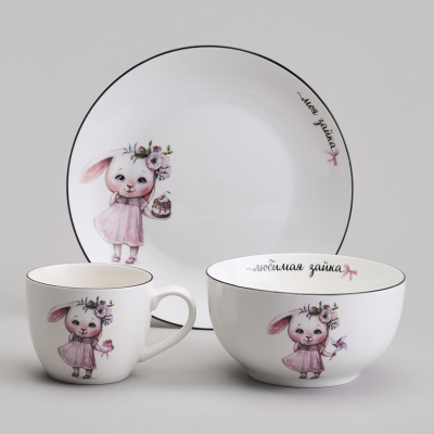260-687 Набор посуды "МОЯ ЗАЙКА" 3 предмета,салатник 470мл, тарелка 20см, кружка 220мл